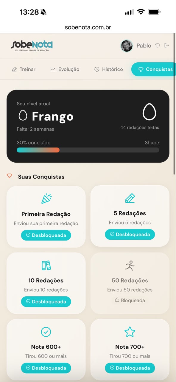 Patente atual e conquistas desbloqueadas no Sobe Nota