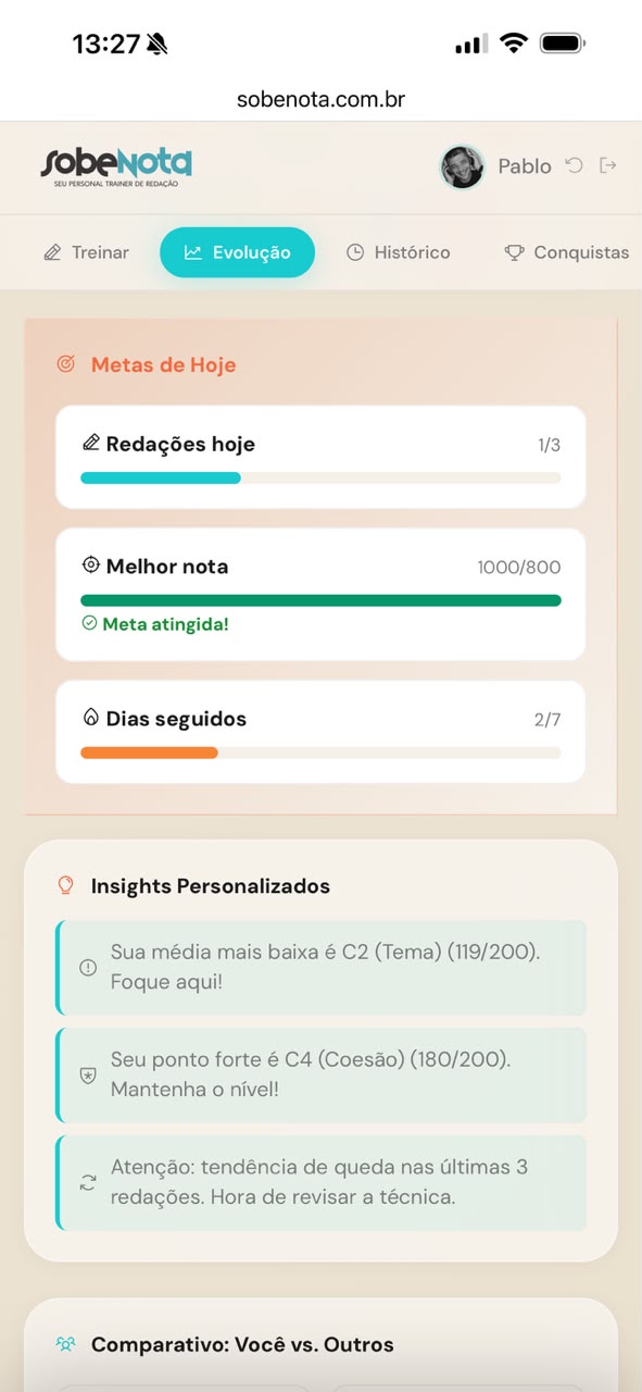 Metas do dia e diagnóstico automático das competências