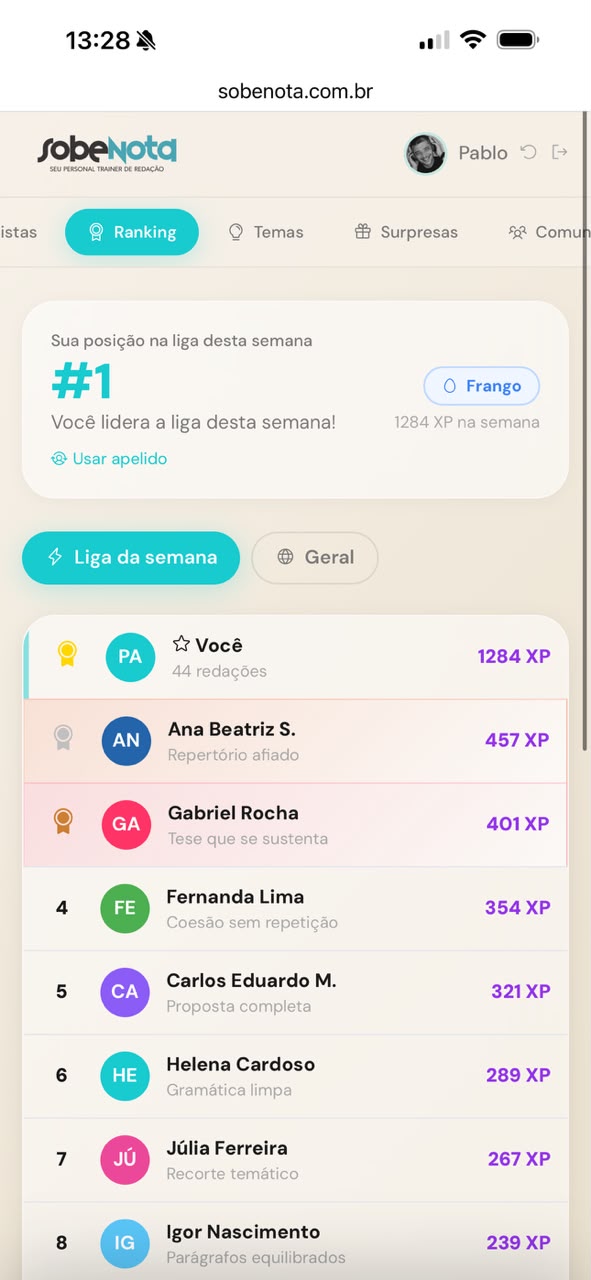 Liga semanal do Sobe Nota