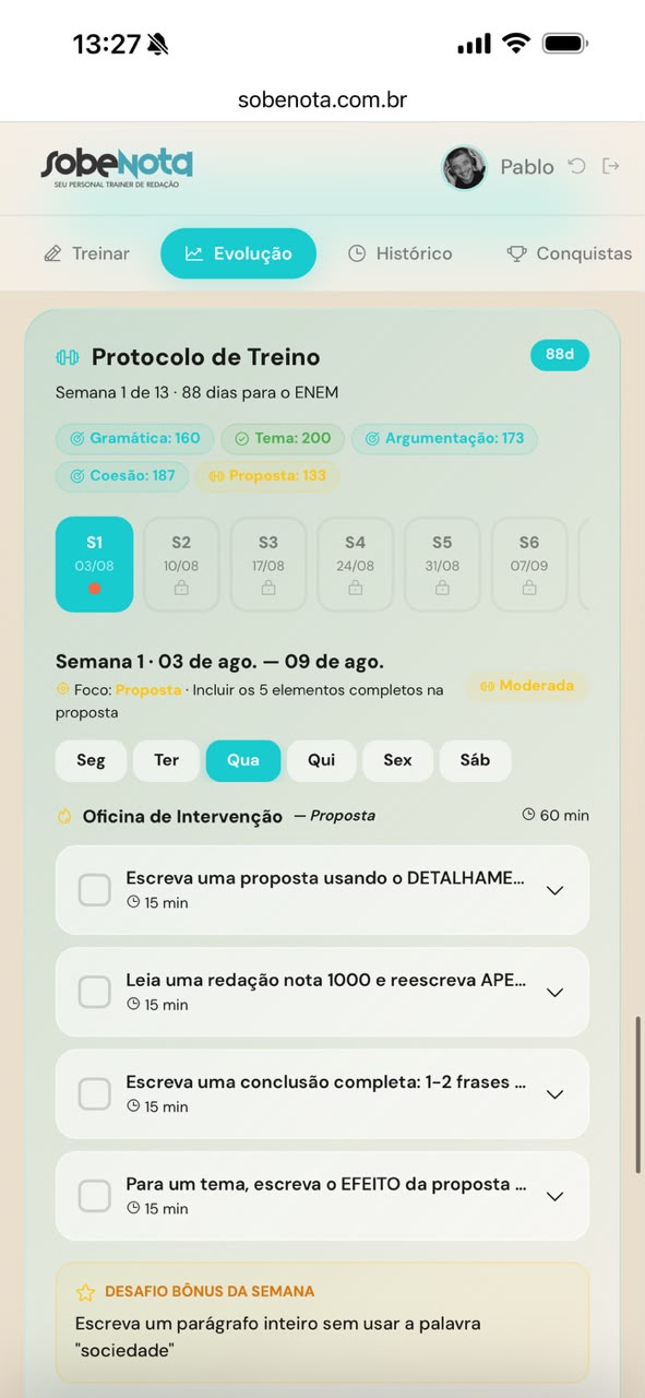 Protocolo de treino de treze semanas até o ENEM