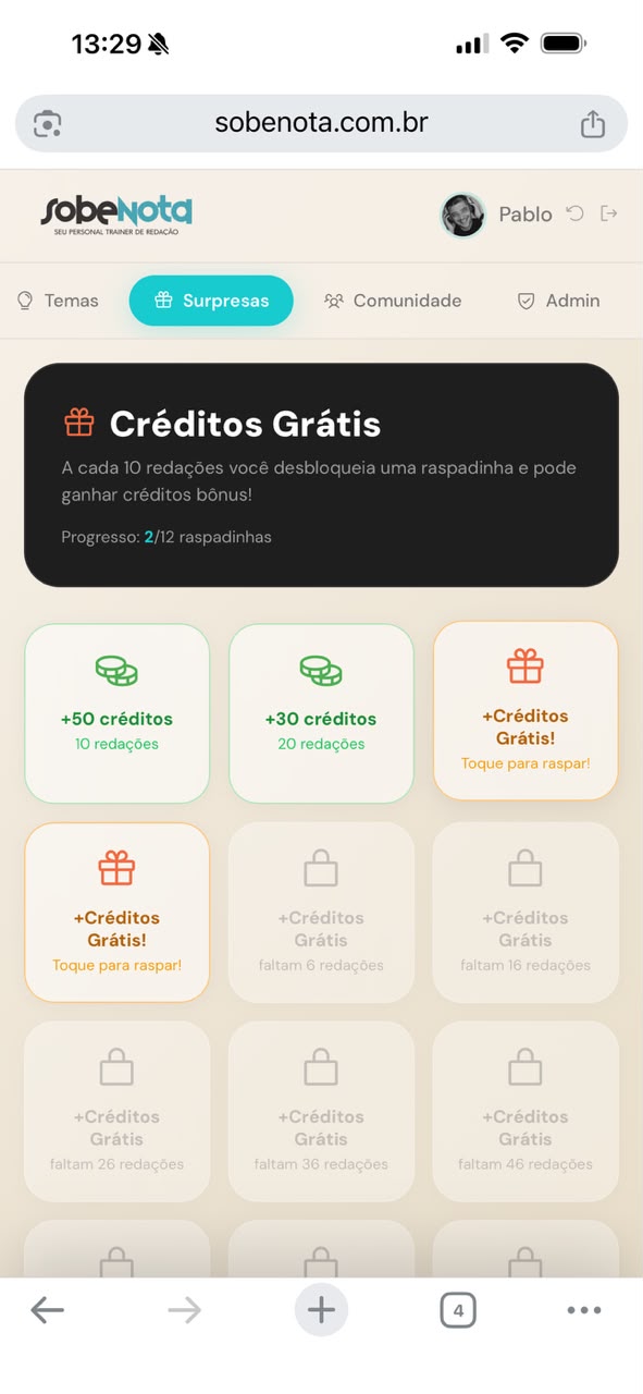Raspadinhas de créditos no Sobe Nota